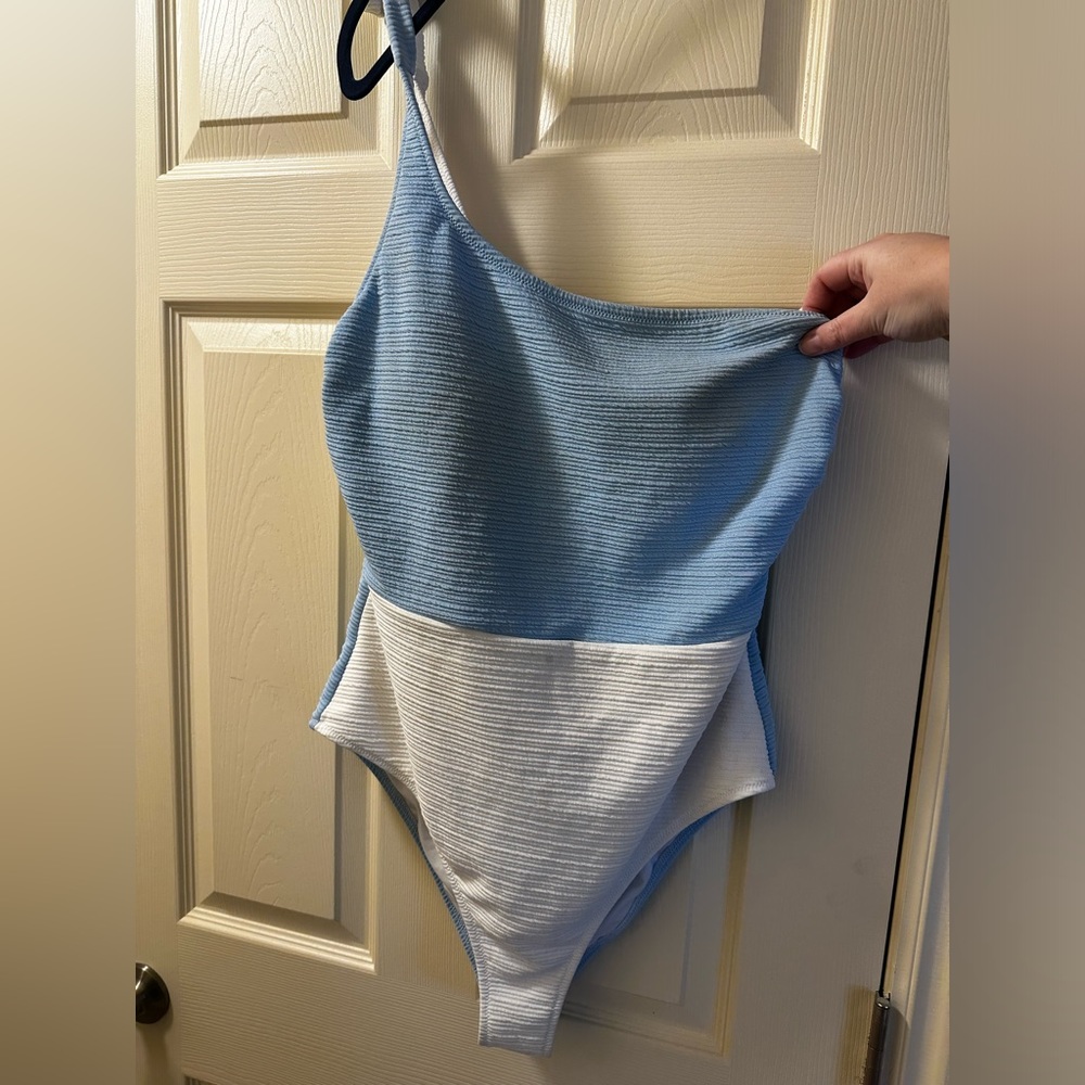 Blue and White One Shoulder One Piece Swimsuit